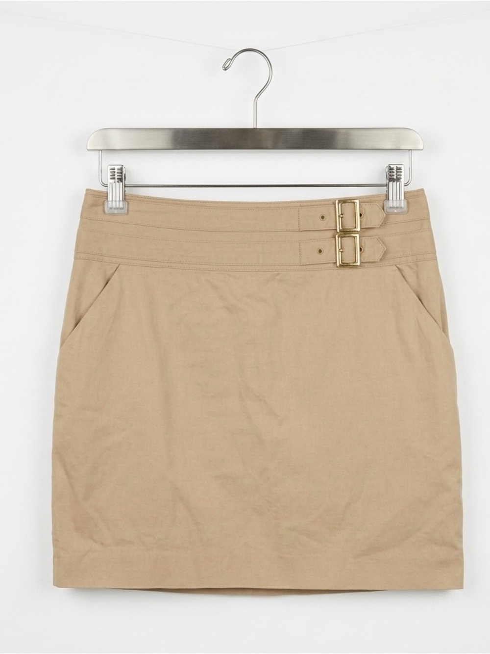 Tory Burch Classic Khaki Mini Skirt w/ Double Gold Buckle - capsule wardrobe
